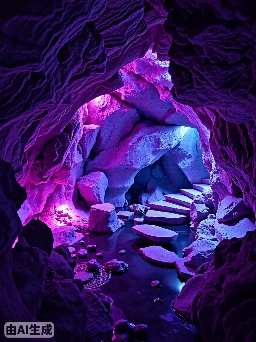 一个奇幻的洞穴，充满了霓虹灯、发光的晶洞岩石、空灵、神奇的氛围、明亮、令人叹为观止