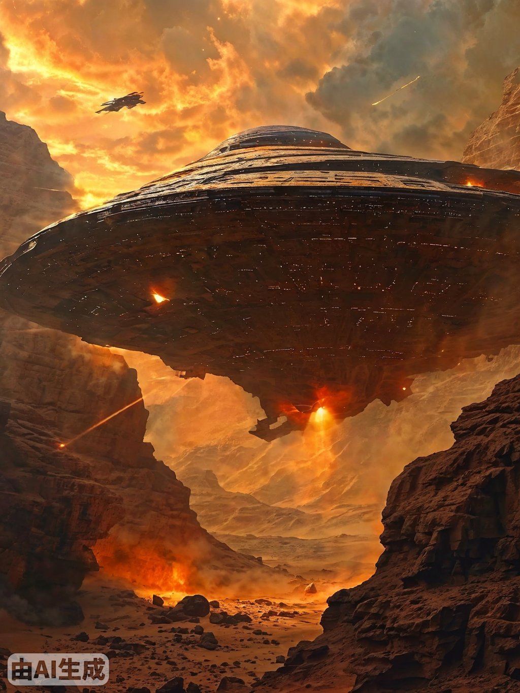 两艘赤土色的带翼圆盘状外星飞船在古城埃利都上空展开了激烈的空战。能量束和光柱照亮了天空，而埃利都雄伟的金字塔和摇摇欲坠的废墟则笼罩在尘土和烟雾之中。场景充满戏剧性和紧张感，发光工艺品的复杂设计类似于苏美尔符号。电影灯光突出了充满活力的冲突和环境的神秘氛围，在古老的景观上投射出深深的阴影和炽热的高光，营造出一种敬畏和古老力量的感觉