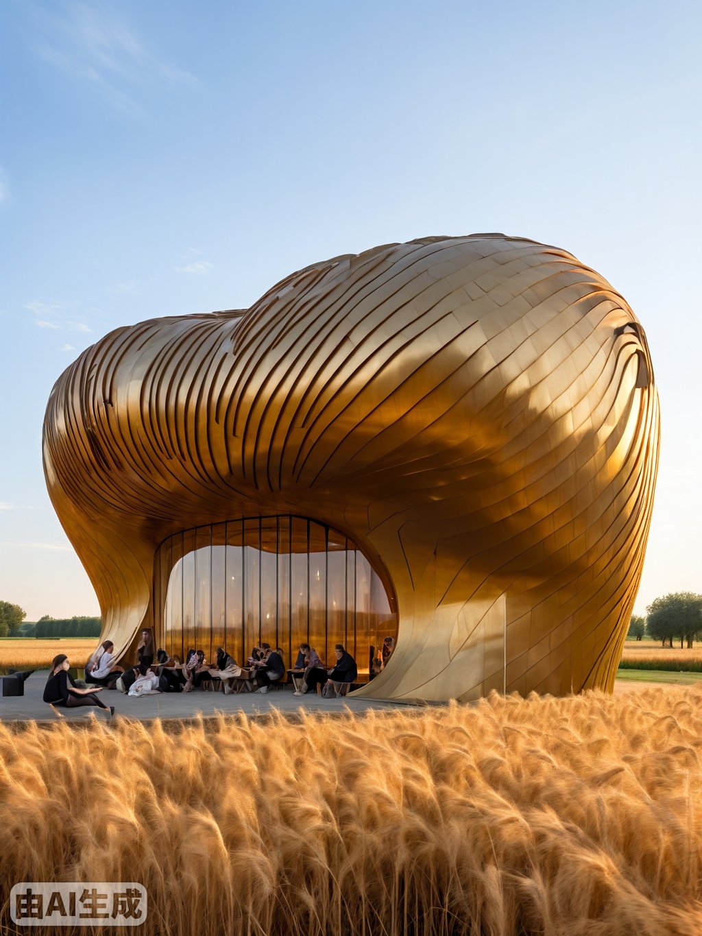 金色麦田中的临时博物馆，由 Thomas Heatherwick 设计，外观灵感来自小麦和麦田，许多顾客坐在里面喝茶。建筑摄影：Iwan Baan。